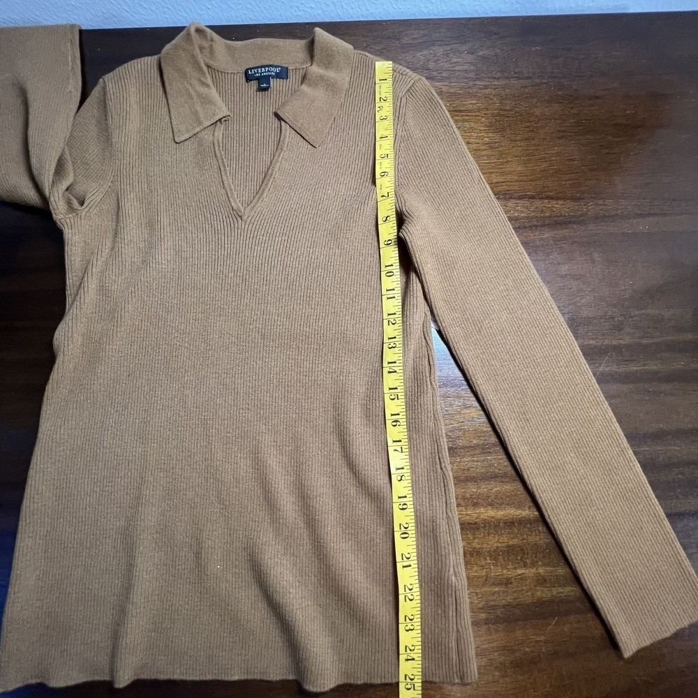 Liverpool Ribbed V-Neck Polo Sweater Large Preppy Euro Autumn Brown Luxe Paris - Picture 13 of 13